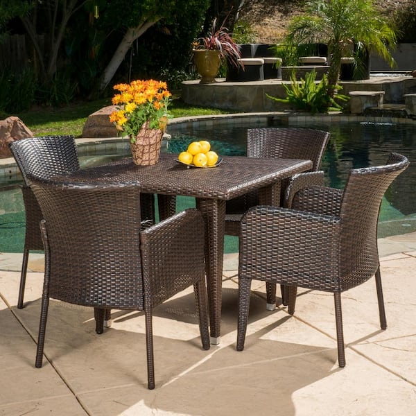 Noble House Faye Multi-Brown 5-Piece Faux Rattan Square Outdoor Patio Dining Set