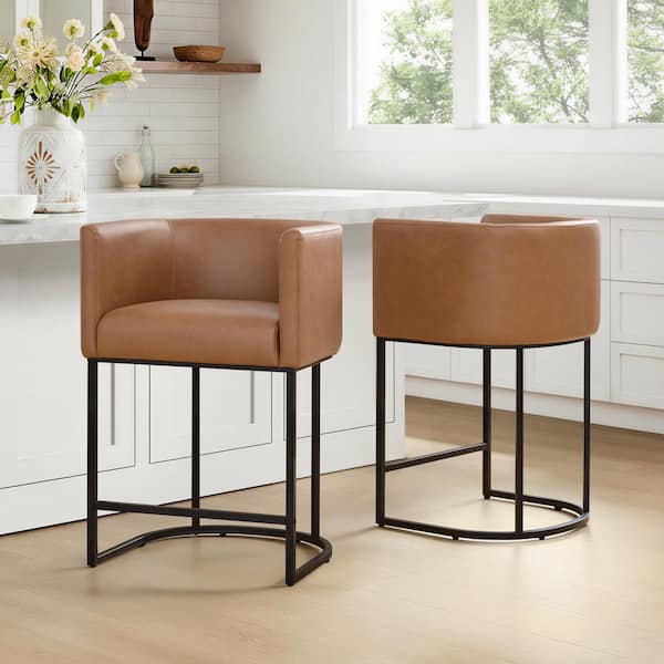 Nyla 32.3 in. Brown Faux Leather Metal Frame Upholstered Counter Height Bar Stool with Generous Cushion (Set of 2)