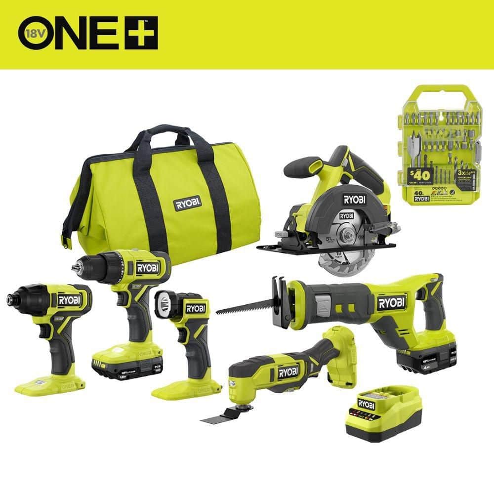 RYOBI ONE+ 18V Cordless 6-Tool Combo Kit with 1.5 Ah Battery, 4.0 Ah Battery, Charger, and Drill & Impact Drive Kit (40-Piece) PCL1600K2-A98401 - The Home Depot