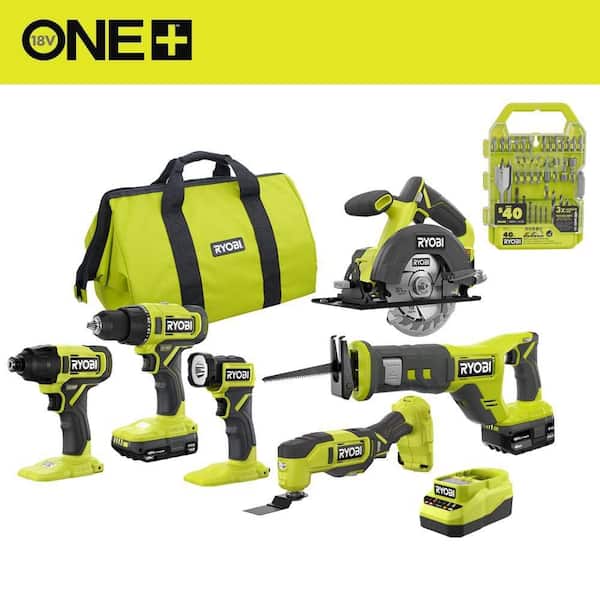 ONE+ 18V Cordless 6-Tool Combo Kit with 1.5 Ah Battery, 4.0 Ah Battery, Charger, and Drill & Impact Drive Kit (40-Piece)