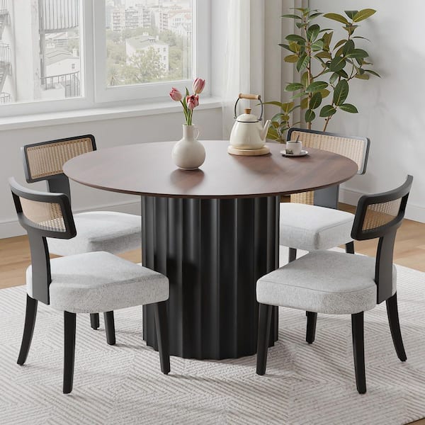 5-Pieces Round Walnut Wooden Top Dining Table Set 4-Seats with Wood Frame, Rattan Back Beige Cushion Open Back Chair