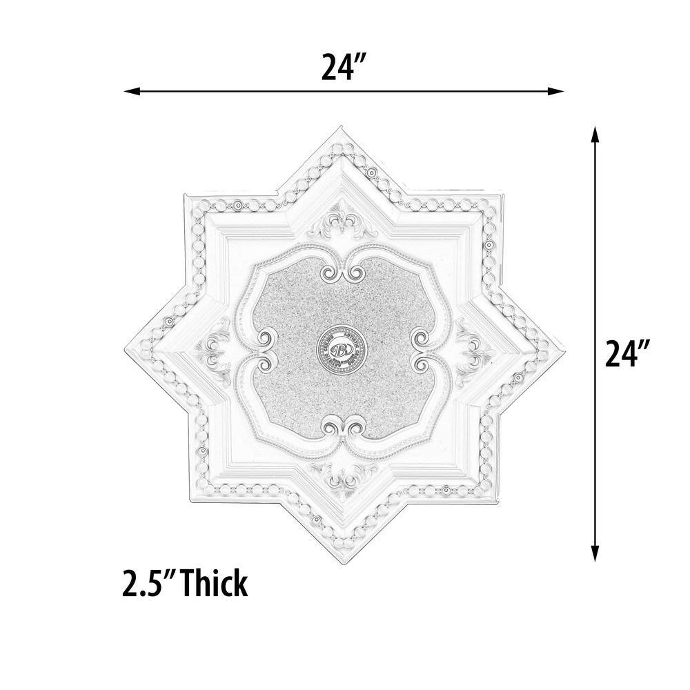 White and Silver Eight Pointed Star Ceiling Medallion 24in