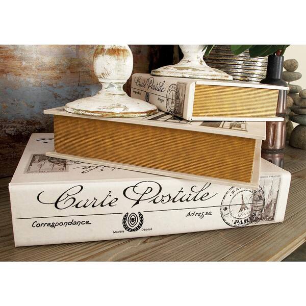 Litton Lane Old World Square Wood and Faux Leather "Carte Postale" White Book Boxes (Set of 3)