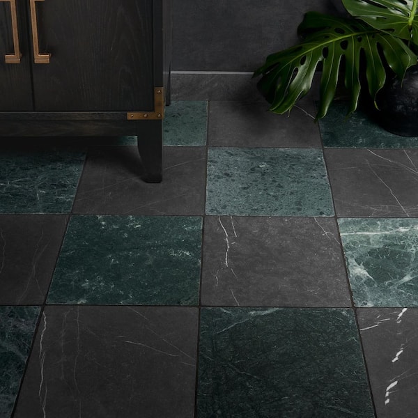 Heritage Nero and Verde 6 in. x 0.37 in. Tumbled Marble Checkerboard Floor and Wall Tile Sample