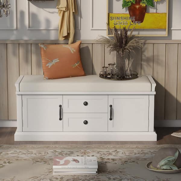 White Storage Bench with 2 Drawers and 2 cabinets for Living Room, Entryway (42.5''W x 15.9''D x 17.5''H)