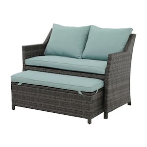 OC Orange Casual Grey 2-Piece Wicker Patio Conversation Sectional Set with Green Cushions with Storage Ottoman