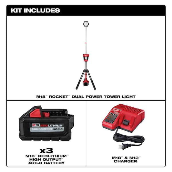 M18 18-Volt Lith-Ion Cordless Rocket Dual Power Tower Light w/ (3) Battery & Charger Kit