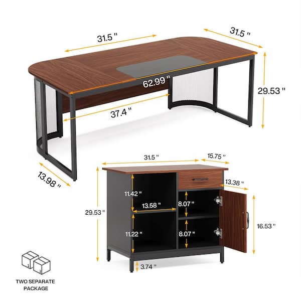 Lanita 62.99 in. W L-Shaped Brown Wood 1-Drawer Computer Desk with Cabinet, Storage Shelves, Business Office Desk