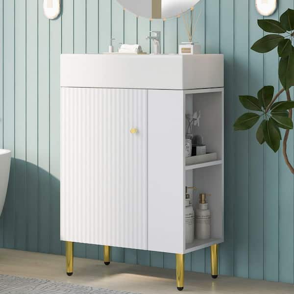 21.6 in. Freestanding White Bath Vanity with White Ceramic Top, Right Side Storage