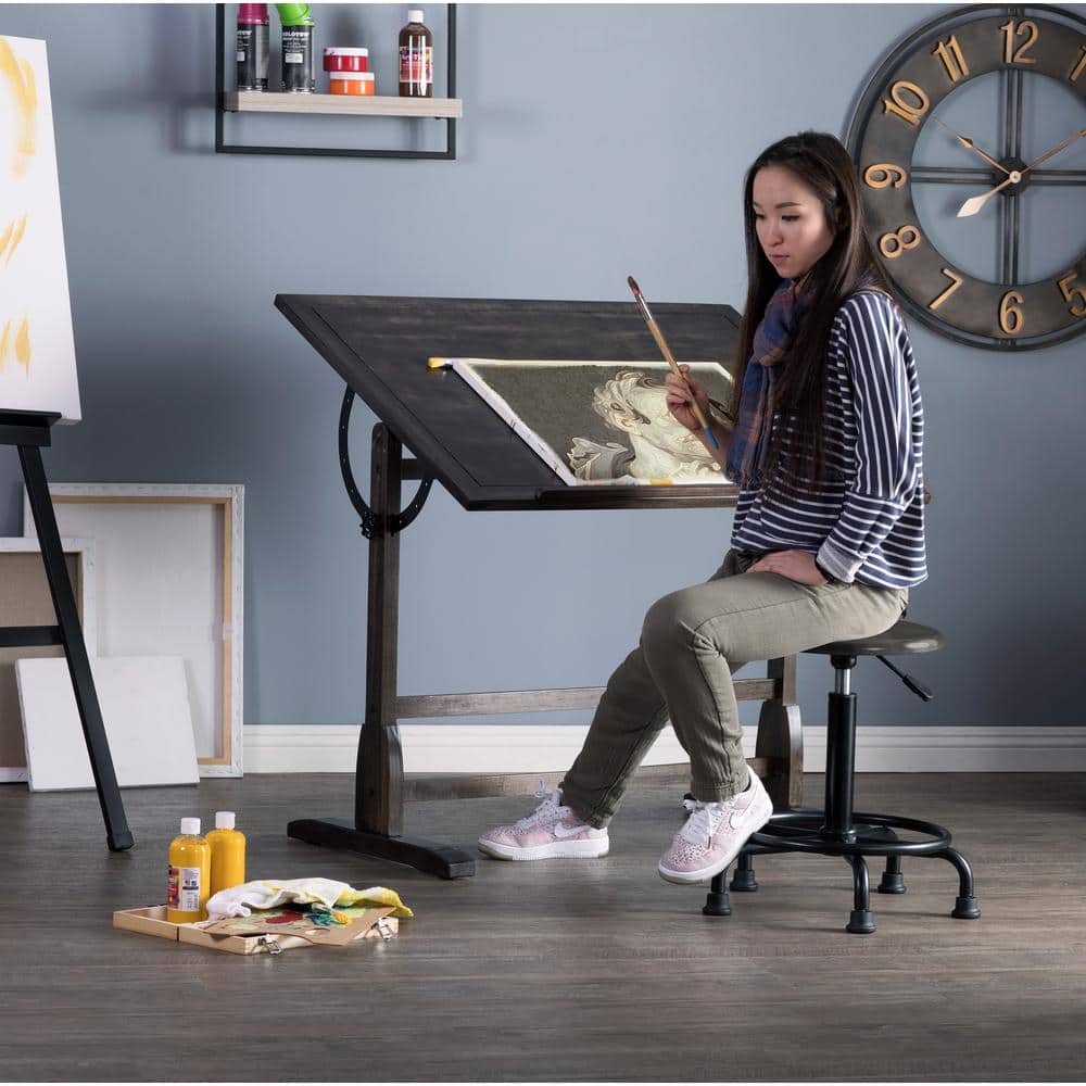 Distressed Black Vintage Solid Wood Drafting Table with Adjustable Top 42"x30"