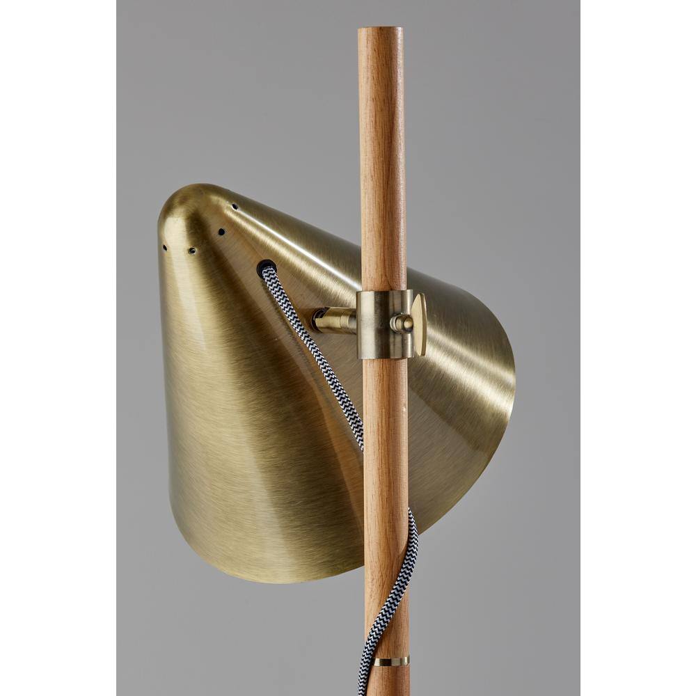 Adjustable Natural Rubberwood and Antique Brass Floor Lamp with Touch Switch