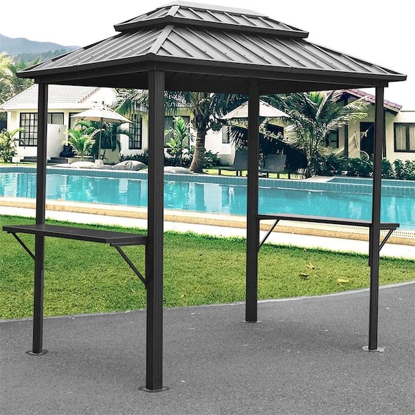 8 ft. x 6 ft. Aluminum Grill Gazebo Outdoor Metal Frame with Shelves Serving Tables (Gray)