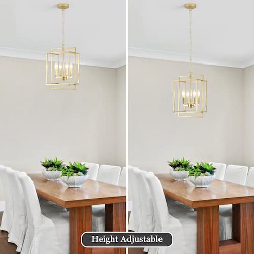 4-Light Gold Modern Geometric Rectangle Lantern Hanging Ceiling Chandelier Kitchen Island Pendant Light ADSENSTY Chandeliers