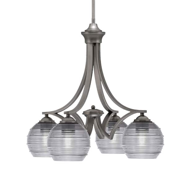 Unbranded Clevelend 4-Light Graphite Chandelier, Round Chandelier with 6 in. Smoke Ribbed Glass Shades, No bulbs included
