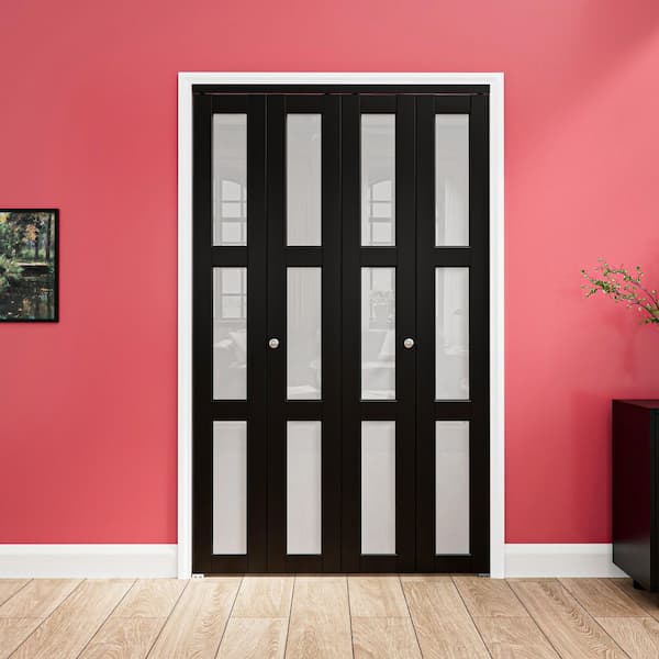 56 in. x 80 in. 3-Lite Frosted Glass Solid Core MDF Black Finished Glass Closet Bi-Fold Door with Hardware For Closet