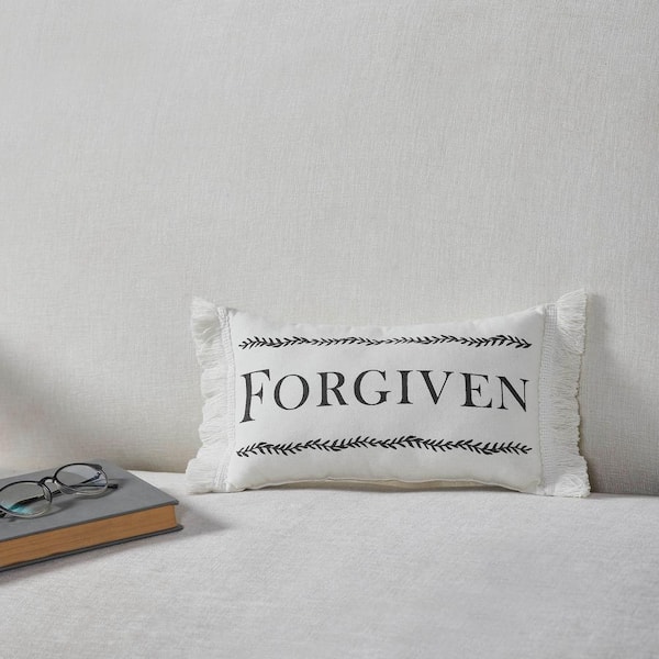 VHC Brands Risen Soft White, Charcoal Grey Forgiven 7 in. x 13 in. Throw Pillow