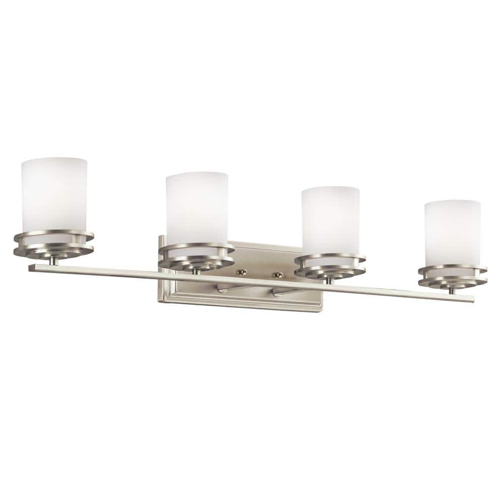 Brushed Nickel 4-Light Modern Bathroom Vanity with White Glass Shades