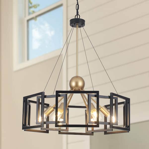 6-Light Black and Gold Geometric Modern Hanging Linear Chandelier Lighting for Kitchen Island