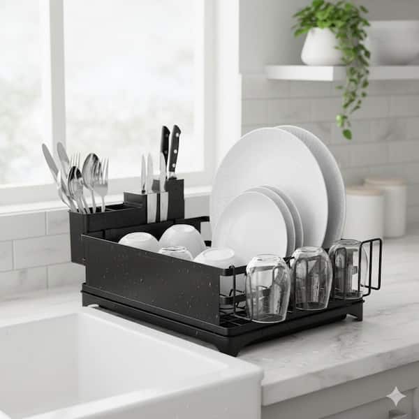 Black Steel Dish Rack with Cutlery Holder and Drip Tray, Large Capacity Countertop Dish Drainer for Kitchen
