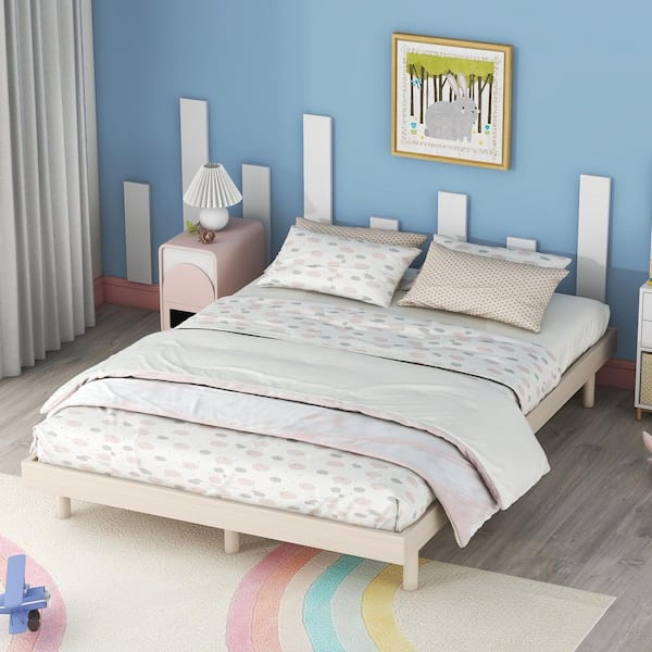 Qualler White Washed Wood Frame Full Size Platform Bed with Slats