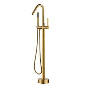 Modern Sleek Floor Mount Single-Handle Freestanding Tub Faucet with Hand Shower and Water Supply Hoses in. Brushed Brass