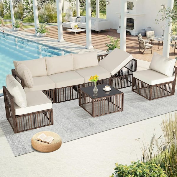 Cesicia 7-Piece Brown Wicker 6-Seat Outdoor Sectional Set with Beige Cushions and Coffee Table