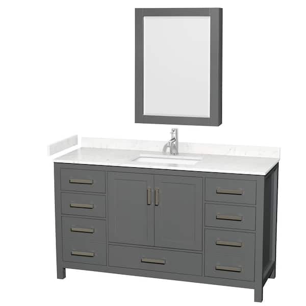 Wyndham Collection Sheffield 60 in. W x 22 in. D x 35 in. H Single Bath Vanity in Dark Gray with Carrara Cultured Marble Top and MC Mirror