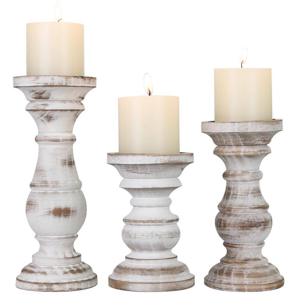 Washed White Wooden Pillar Candle Holders Set of 3, Rustic Farmhouse ...