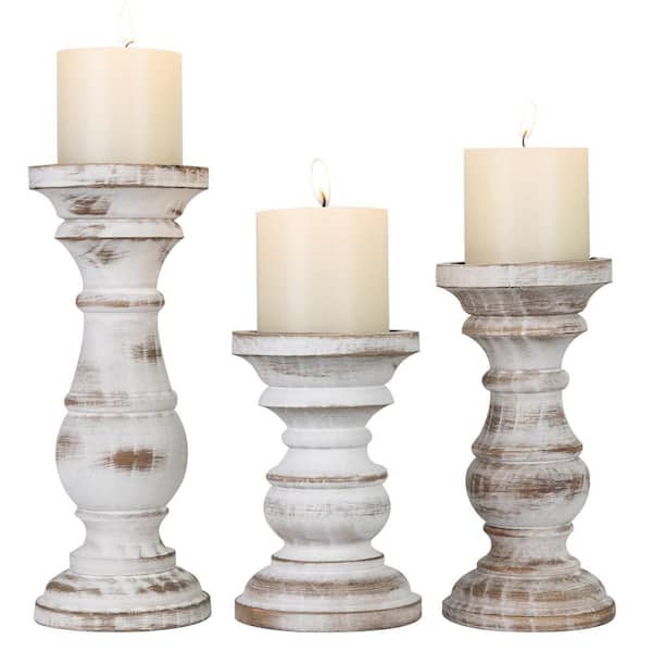 Washed White Wooden Pillar Candle Holders Set of 3, Rustic Farmhouse ...