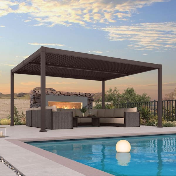 13.1 ft. x 15.1 ft. Bronze Aluminum Outdoor Louvered Pergola with 2-Individual Adjustable Roofs and In-Built Gutter