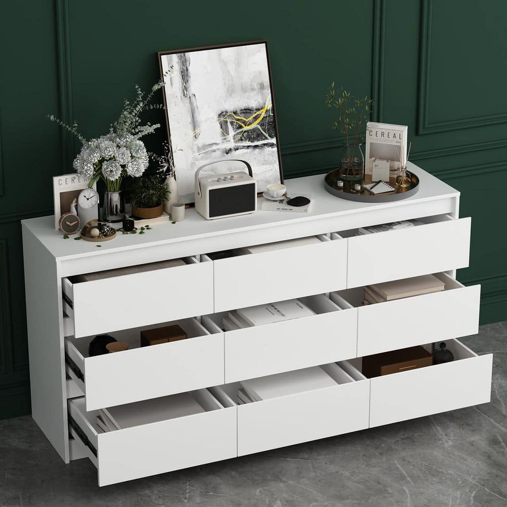 9-Drawer White Paint Finish Dresser Chest of Drawers 31.5 in. H x 63 in. W x 15.7 in. D - thumbnail 2