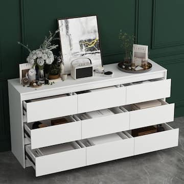 9-Drawer White Paint Finish Dresser Chest of Drawers 31.5 in. H x 63 in. W x 15.7 in. D