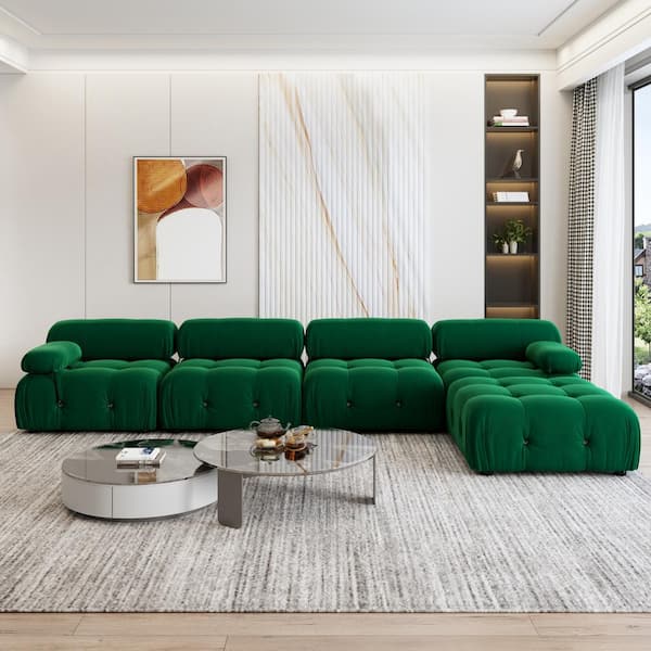 103.85 in. Square Arm 4-piece L Shaped Velvet Modular Free Combination Sectional Sofa with Ottoman in. Green