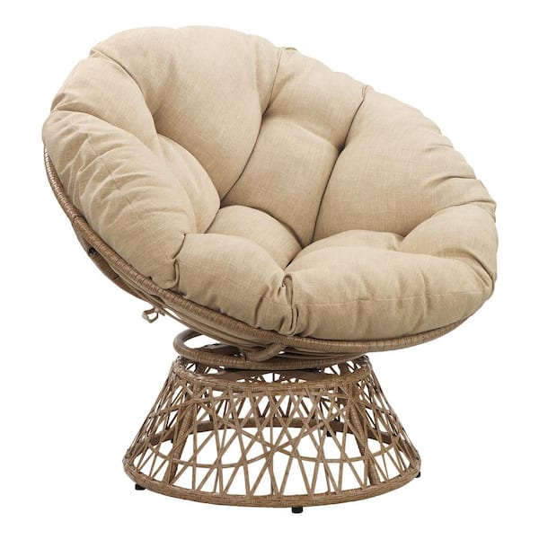 OSP Home Furnishings Papasan Chair- Cream Round Pillow Cushion- Natural Wicker Weave