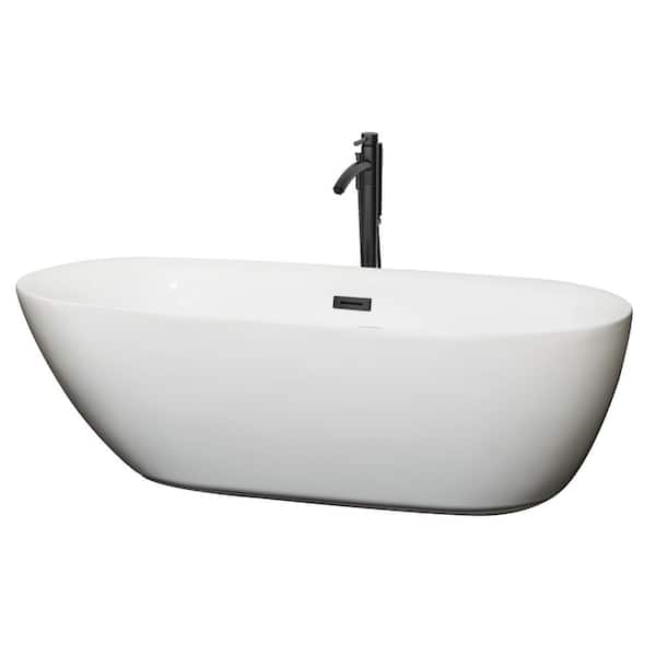 Wyndham Collection Melissa 70.75 in. Acrylic Flatbottom Bathtub in White with Matte Black Trim and Faucet