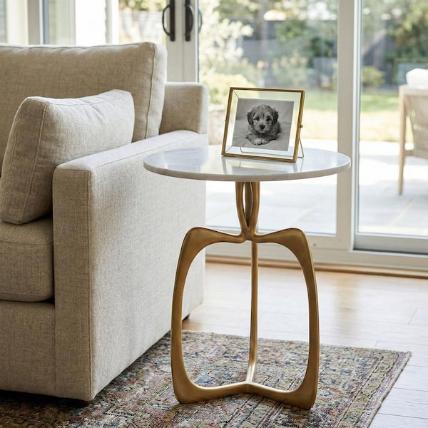 18 in. Gold Round Marble Accent Table