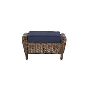 Cambridge Brown Wicker Outdoor Patio Ottoman with CushionGuard Midnight Navy Blue Cushions