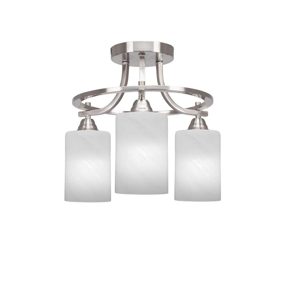 Madison 14.25 in. 3-Light Brushed Nickel Semi-Flush Mount with White Marble