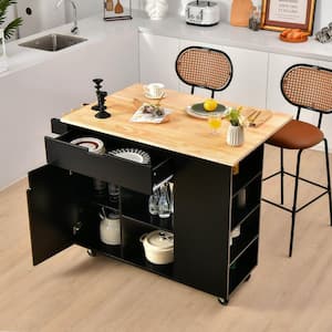 47 in. Black Rubber Wood Kitchen Island with Storage and 3-Level Adjustable Shelves