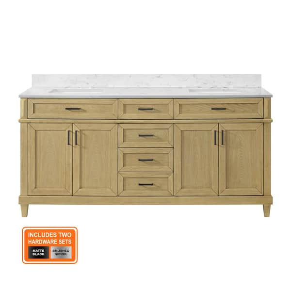 Talmore 72 in. Double Sink Light Oak Bath Vanity with White Engineered Marble Top (Assembled)