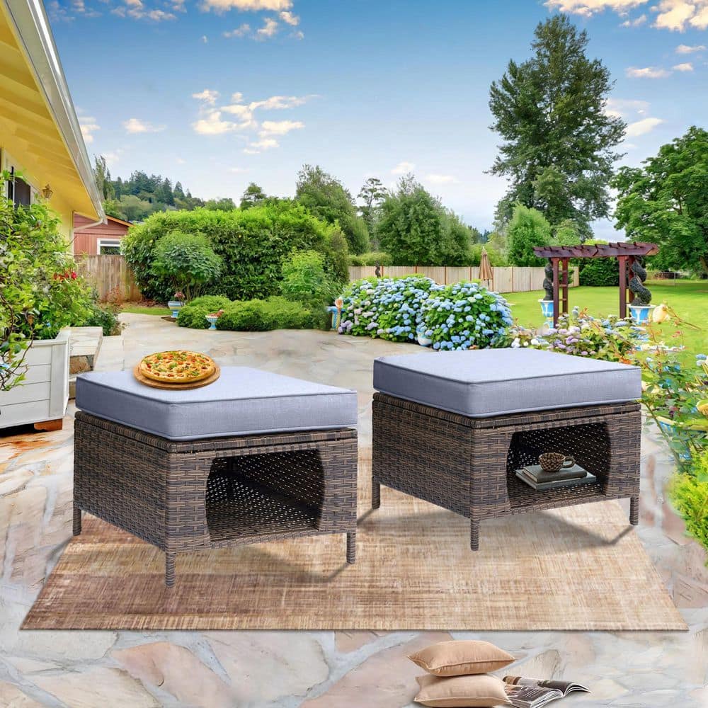 Brown Wicker Outdoor Ottoman Steel Frame Footrest Patio Furniture with Storage Space Gray Cushions price history on PriceWatchPro