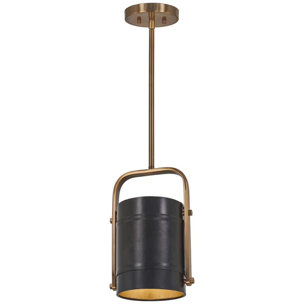 Aged Antique Brass and Black Leather Mini Pendant Light