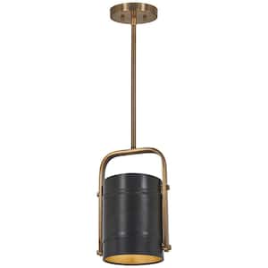 Contrast 1-Light Aged Antique Brass and Black Cylinder Mini Pendant with Onyx Leather Shade