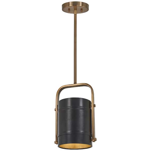 Metropolitan Contrast 1-Light Aged Antique Brass and Black Cylinder Mini Pendant with Onyx Leather Shade