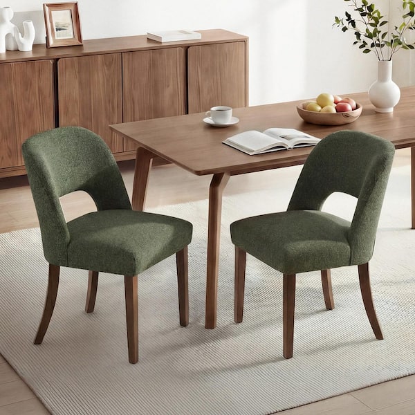 Madeline Green Walnut Fabric Upholstered Modern Dining Chair with Solid Rubber Wood Legs, Set of 2