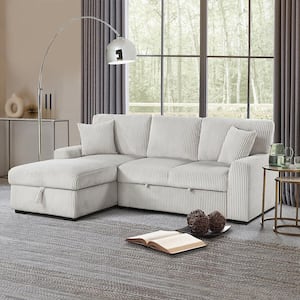 Yates 95.5 in. Straight Arm 2-Piece Corduroy Fabric Sectional Sofa with Pull-out Bed and Left Chaise in Gray