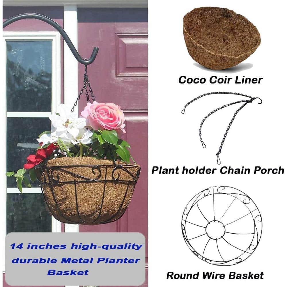 14-Inch Black Metal Hanging Planter Basket with Coco Liner, 4-Pack