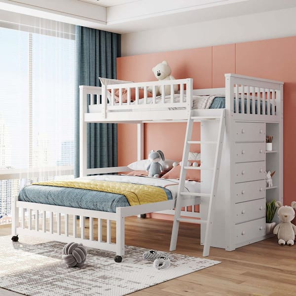 White Wooden Twin Over Full Bunk Bed with Six Drawers And Flexible Shelves, Bottom Bed with Wheels