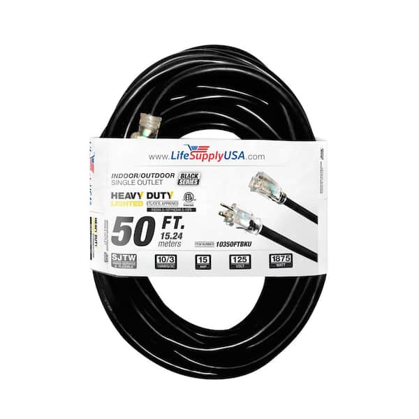 50 ft. 10-Gauge/3 Conductors SJTW Indoor/Outdoor Extension Cord with Lighted End Black (1-Pack)