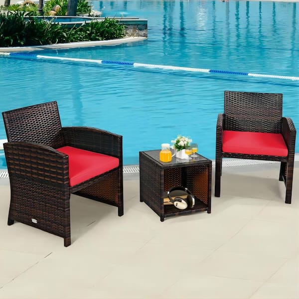 Liviza 3-Piece Wicker Patio Conversation Set with Red Cushions and Storage Table